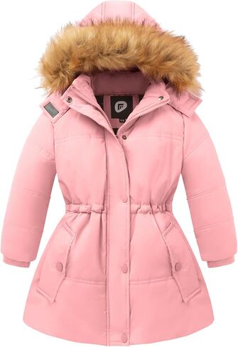 Girl's Winter Coats Warm Puffer Jacket Long Fleece Lined Coat With Removable Hood in Saudi Arabia