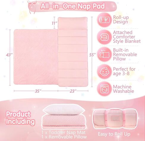 سجادات قيلولة للأطفال الصغار معنقدة لمرحلة ما قبل المدرسة للرعاية النهارية للفتيات من قماش الجاكار خصلات نوم للأطفال الصغار حقيبة قيلولة مع وسادة قابلة للإزالة لغرف النوم في رياض الأطفال أثناء السفر والتخييم in Kuwait