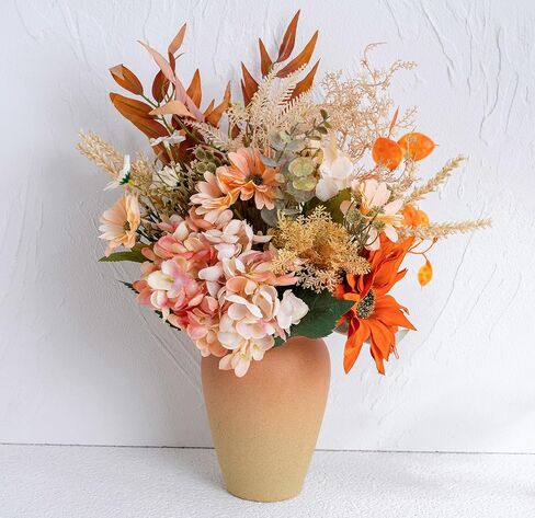 LUEUR زهور الورد الاصطناعية مع مزهرية، باقات زهور الخريف، ترتيب زهور الأقحوان الصناعية، عباد الشمس في مزهرية مناسبة لديكور المنزل في الخريف، ديكور قطع مركزية للطاولة - أحمر برتقالي in Kuwait