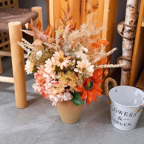 LUEUR زهور الورد الاصطناعية مع مزهرية، باقات زهور الخريف، ترتيب زهور الأقحوان الصناعية، عباد الشمس في مزهرية مناسبة لديكور المنزل في الخريف، ديكور قطع مركزية للطاولة - أحمر برتقالي in Kuwait
