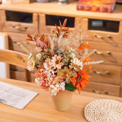 LUEUR زهور الورد الاصطناعية مع مزهرية، باقات زهور الخريف، ترتيب زهور الأقحوان الصناعية، عباد الشمس في مزهرية مناسبة لديكور المنزل في الخريف، ديكور قطع مركزية للطاولة - أحمر برتقالي in Kuwait