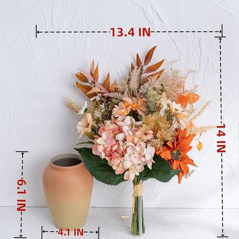 LUEUR زهور الورد الاصطناعية مع مزهرية، باقات زهور الخريف، ترتيب زهور الأقحوان الصناعية، عباد الشمس في مزهرية مناسبة لديكور المنزل في الخريف، ديكور قطع مركزية للطاولة - أحمر برتقالي in Kuwait