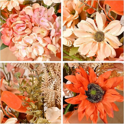 LUEUR زهور الورد الاصطناعية مع مزهرية، باقات زهور الخريف، ترتيب زهور الأقحوان الصناعية، عباد الشمس في مزهرية مناسبة لديكور المنزل في الخريف، ديكور قطع مركزية للطاولة - أحمر برتقالي in Kuwait