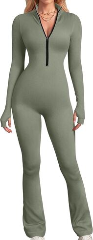OQQ Women's Yoga Jumpsuits Ribbed Long Sleeve Zip Front Sport Bell Bottoms Flare Jumpsuits in Saudi Arabia