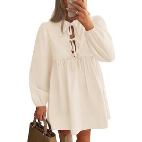 ZESICA Women's Dress Fall Long Puff Sleeve Self Tie Front Babydoll A Line Pleated Cute Mini Tunic Dresses 2024