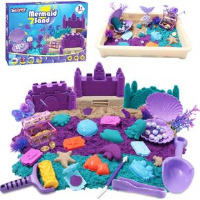Mermaid Sensory Bin Toys, Over 3lbs Purple/Teal/Beach Sand with Sandbox, 17 Castle Marine Animal Molds 12 Tools Treasure Chest, Sensory Sand Kit Mermaid Toys for Girls 4 5 6 7 8 Gifts