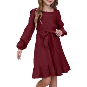 blibean Girls Cotton Long Sleeve Dresses Ruffled Semi Formal Dress Size 6-15 Years