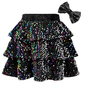 American Trends Girls Sparkly Sequin Skirts Toddler 3-Layers Ruffle Metallic Skirt Kids Glitter Skirt with Hairbow
