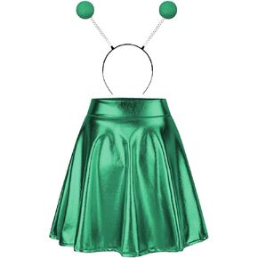 Girls Metallic Skirts Sparkly Shiny Skirts Pleated Flare Mini Skirt with Glitter Headband