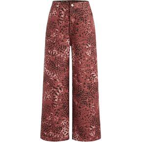 CIDER Denim Mid Waist Leopard Wide Leg Pants
