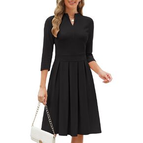 Zattcas Women 2024 Cotton Fall Midi Dress Vneck 3/4 Sleeve Business Casual Work Teacher Church Knit Pleated A Line Dresses