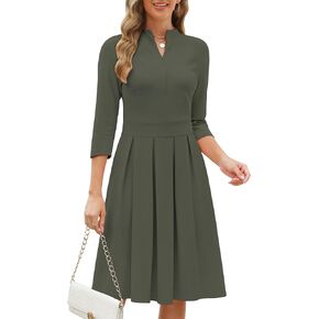 Zattcas Women 2024 Cotton Fall Midi Dress Vneck 3/4 Sleeve Business Casual Work Teacher Church Knit Pleated A Line Dresses