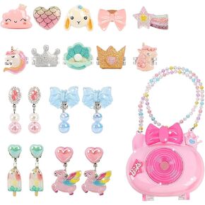 Kids Jewelry for Girls, Adjustable Clip on Earrings for Girls and Kids Rings for Girls in Camera Shaped Box, Toddler Jewelry Toys for Little Girl Princess Dress Up Christmas Birthday Gift, Party Favor