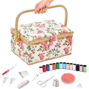 Sewing Basket with Accessories, Floral Print Sewing Box for Sewing Supplies,Wooden Sewing Kits Storage Box with Removable Tray,Sewing Basket Organizer Carrying Bag for Beginners & Professional