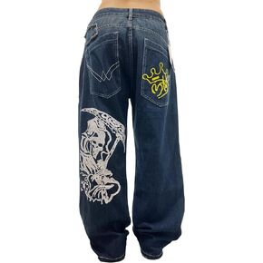 Unisex Y2K Hip Hop Street Jeans Skeleton Printed Gothic Baggy Jeans Vintage High Waist Denim Jeans Wide Leg Pants