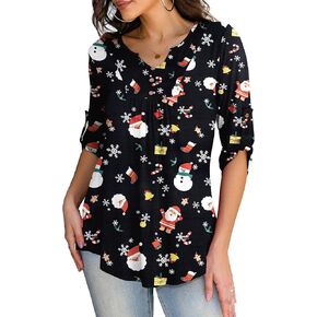 Othyroce Womens Plus Size 3/4 Length Sleeve Tops Casual Henley Shirts V Neck Tunics Button Up Blouses Pleated Basic Pullover