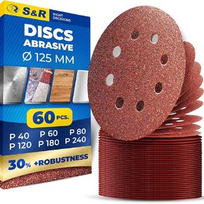 S&R 60 Pcs Sanding Disc Pads 5-Inch / 125 mm, Grinding Discs Sandpaper Sheet Grit 40/60/80/120/180/240 (10 Pcs Each), 8 Holes Hook-and-Loop-Fastener Quick Fitting for Random Orbital Sander