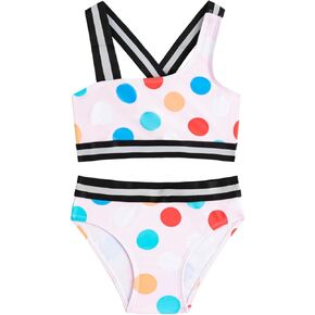 LIZENS Girls Two Piece Polka Dots Swimwear 2-12Years Bikini Set One Shoulder Beach Bathing Suit for Kids Swimsuit