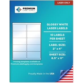 Premium Label Supply Glossy White Sticker Labels – 2" x 4" – (10 Labels/Sheet) (Glossy White for Inkjet Only, 100 Labels)