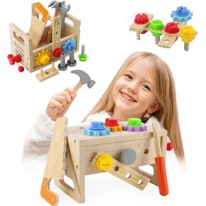 Kids Tool Set ，Lflwacy 24PCS Wooden Toddler Tool with Box，Stem Toys Toddler Educational Toys Age 2-6, Tool Bench Pretend Play Construction Learning Toys for Toddler，Christmas Birthday Gift
