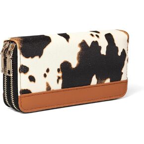 Cow Print Wallet for Women Men, Western Large Capacity Highland Purse, Cowhide Cute Double Zippers Card Cases and Money Organizers Cow Stuff Gifts for Ladies (Brown)