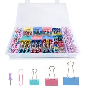 Paper Clips and Binder Clips Assorted Sizes, 240 PCS Colored Office Clips Set Large Medium Small Paper Clamps Paperclips Push Pin Thumb Tacks, College Supplies Home Office Supplies Document Organizing