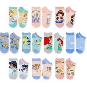 Disney Girls Socks - 10 Pack Crew Socks with Arch Support Featuring Princesses and Lilo & Stitch Designs for Ages 7-14