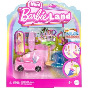 Barbie Mini BarbieLand Doll & Toy Vehicle Set, 1.5-inch Doll & Beach Convertible with Color-Change, Plus Beach Accessory