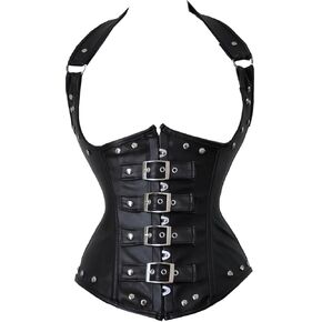 Women's Steampunk Faux Leather Bustier Halter Shoulder Straps Underbust Corset Top