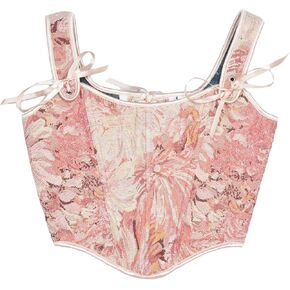 Women Vintage Floral Print Corset Renaissance Style Bustier Back Tie-up Bodycon Tank Tops Medieval Bodice Tops