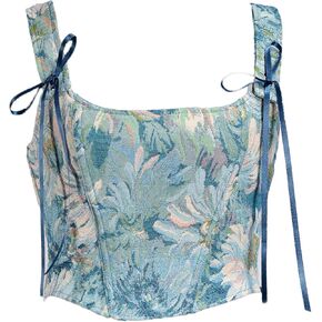 Women Vintage Floral Print Corset Renaissance Style Bustier Back Tie-up Bodycon Tank Tops Medieval Bodice Tops