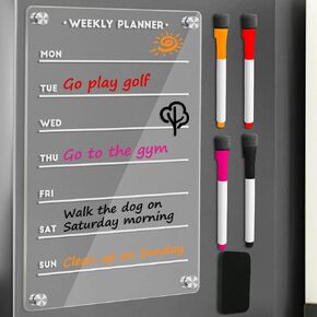 Acrylic Magnetic Calendar for Fridge, Weekly Planner Transparent Dry Erase Board for Refrigerator includes 4 Colors Markers and Eraser Apartment Decor Must Haves Acrylic Board for Kitchen（12"X8"）