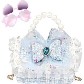 weiwei Toddler Purse for Little Girls, Kids Mini Purse Cute Princess Crossbody Bag with Bowknot and Pearl Handle Gold Chain Handbag Purses for Girls with Flip up Sunglasse (Deep Pink)