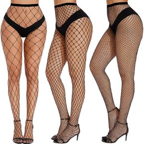 جوارب VOVEA Fishnet للنساء، جوارب طويلة قابلة للتمدد من شبكة صيد السمك عالية الخصر، جوارب طويلة ضيقة، 3 شبكات صيد السمك مقاس واحد
