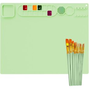 حصيرة فنية من السيليكون المحمولة من RGBMIX Art Supplies مع 10 فرش طلاء، 20 بوصة × 16 بوصة من السيليكون بساط رسم كبير من السيليكون للفنانين باللون الأخضر