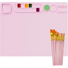 RGBMIX Art Supplies Portable Silicone Paint Art Mat with 10 Paint Brushes, 20"X16" Silicone Painting Mat Crafts Large Silicone Artist Mat Green
