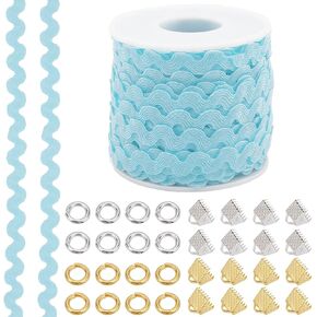 GORGECRAFT 27 Yards Blue Rick Rack Trim Ribbon 1/4 inch~3/8 inch Wave Sewing Bending Fringe Trim with 32Pcs 2 Colors Iron Ribbon Crimp Ends and 64Pcs 2 Colors Jump Rings for DIY Sewing Crafts Clothes