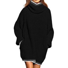 Pink Queen Women's Oversized Turtleneck Sweater Dress 2024 Casual Loose Long Sleeve Fall Winter Knit Mini Dress with Pockets