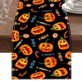 Netnology Black White Spooky Halloween Table Runner with Pumpkin Ghost Witch Black Cat Bat Spider Web, Fall Halloween Party Decoration Holiday Indoor Home Kitchen Table Decor 13 x 72 Inch
