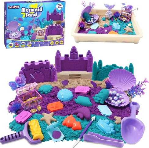 Mermaid Sensory Bin Toys, Over 3lbs Purple/Teal/Beach Sand with Sandbox, 17 Castle Marine Animal Molds 12 Tools Treasure Chest, Sensory Sand Kit Mermaid Toys for Girls 4 5 6 7 8 Gifts in Saudi Arabia