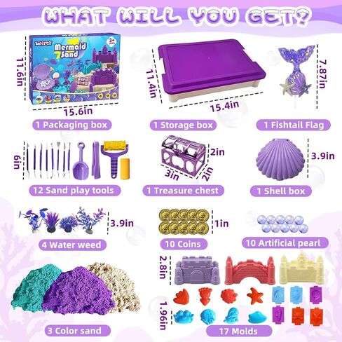 Mermaid Sensory Bin Toys, Over 3lbs Purple/Teal/Beach Sand with Sandbox, 17 Castle Marine Animal Molds 12 Tools Treasure Chest, Sensory Sand Kit Mermaid Toys for Girls 4 5 6 7 8 Gifts in Saudi Arabia