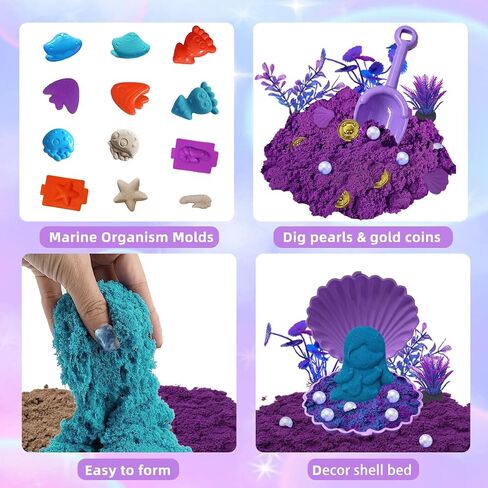 Mermaid Sensory Bin Toys, Over 3lbs Purple/Teal/Beach Sand with Sandbox, 17 Castle Marine Animal Molds 12 Tools Treasure Chest, Sensory Sand Kit Mermaid Toys for Girls 4 5 6 7 8 Gifts in Saudi Arabia