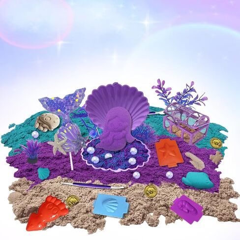 Mermaid Sensory Bin Toys, Over 3lbs Purple/Teal/Beach Sand with Sandbox, 17 Castle Marine Animal Molds 12 Tools Treasure Chest, Sensory Sand Kit Mermaid Toys for Girls 4 5 6 7 8 Gifts in Saudi Arabia
