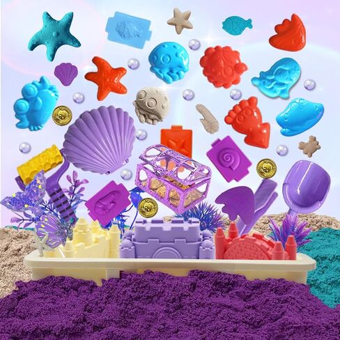 Mermaid Sensory Bin Toys, Over 3lbs Purple/Teal/Beach Sand with Sandbox, 17 Castle Marine Animal Molds 12 Tools Treasure Chest, Sensory Sand Kit Mermaid Toys for Girls 4 5 6 7 8 Gifts in Saudi Arabia