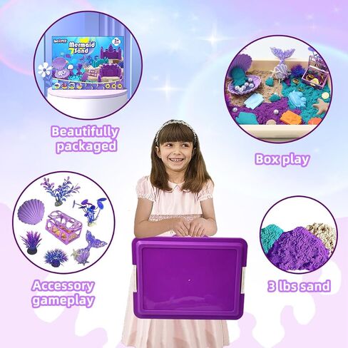 Mermaid Sensory Bin Toys, Over 3lbs Purple/Teal/Beach Sand with Sandbox, 17 Castle Marine Animal Molds 12 Tools Treasure Chest, Sensory Sand Kit Mermaid Toys for Girls 4 5 6 7 8 Gifts in Saudi Arabia