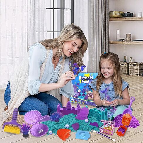 Mermaid Sensory Bin Toys, Over 3lbs Purple/Teal/Beach Sand with Sandbox, 17 Castle Marine Animal Molds 12 Tools Treasure Chest, Sensory Sand Kit Mermaid Toys for Girls 4 5 6 7 8 Gifts in Saudi Arabia