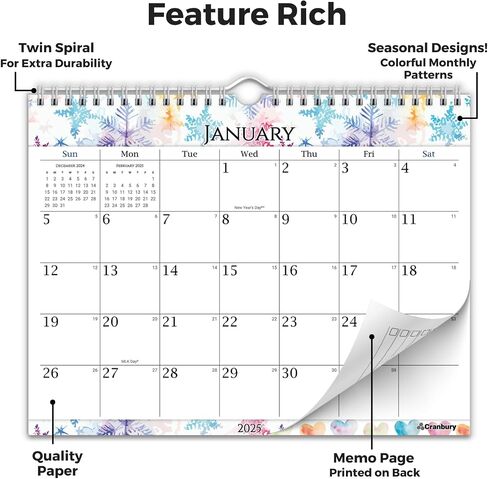 Cranbury Wall Calendar 2025-2026 8.5x11", Use Now to Dec 2026, Beautiful Floral Designs, Thick Paper, Large Daily Squares, Sturdy Spiral Binding, Use on Wall Lay or Flat as Monthly Desk Calendar in Saudi Arabia
