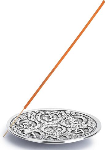 Ajuny Aluminium Silver Round Incense Holder with Ash Catcher for Sticks-Handmade Polished Incense Plate -Tibetan Style Flower Design 10 cm Incense Holder Meditation Accessories Spiritual in Saudi Arabia