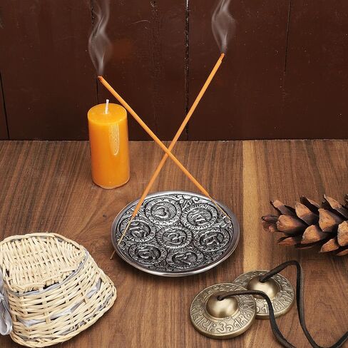 Ajuny Aluminium Silver Round Incense Holder with Ash Catcher for Sticks-Handmade Polished Incense Plate -Tibetan Style Flower Design 10 cm Incense Holder Meditation Accessories Spiritual in Saudi Arabia