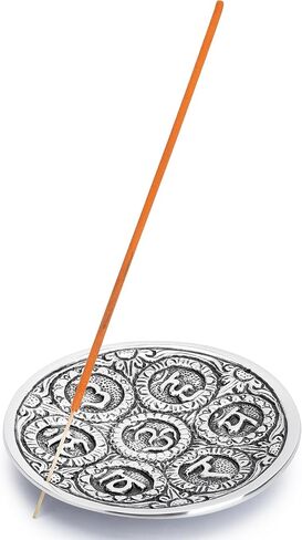 Ajuny Aluminium Silver Round Incense Holder with Ash Catcher for Sticks-Handmade Polished Incense Plate -Tibetan Style Flower Design 10 cm Incense Holder Meditation Accessories Spiritual in Saudi Arabia
